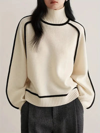 Pavekaya | Schicker zweifarbiger Colorblock-Pullover mit Rundhalsausschnitt für Damen – Elfenbeinweiß