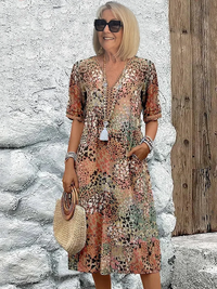 Kimano – Kurzärmeliges Bedrucktes Kleid In Wadenlänge – Beige