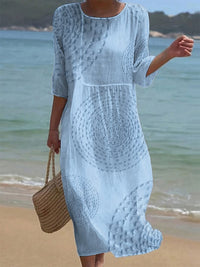 Mira | Luftiges Leinenkleid mit Stickdetails & 3/4-Ärmeln – Hellblau
