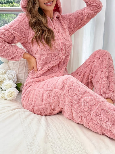 Leylina | Herz Jacquard Flauschiger Kapuzen-Nacht-Jumpsuit