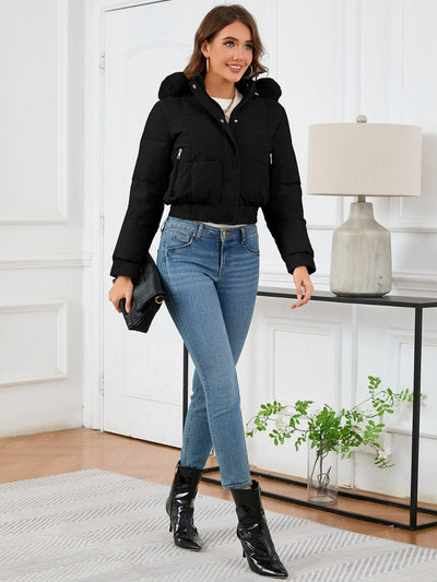 Zaviana | Damen wintermantel mit kapuze, taschen und langen ärmeln im cropped design