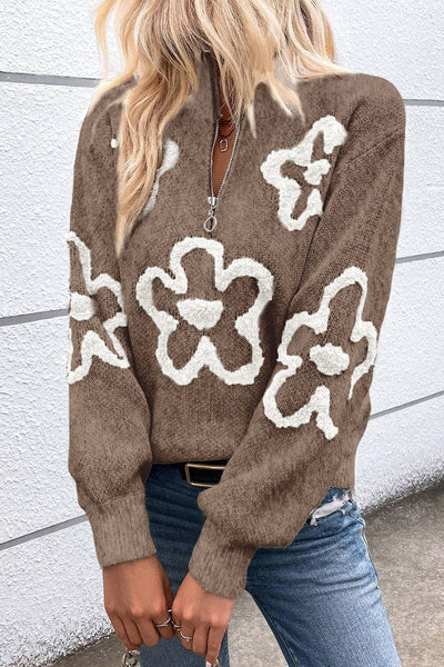 Arlette | Klassischer Damen-Pullover mit hohem Reißverschlusskragen und floralem Strickmuster