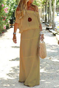Kyma Sommerkleid | Off-Shoulder lässiges Strand Maxikleid für den Sommer – Khaki