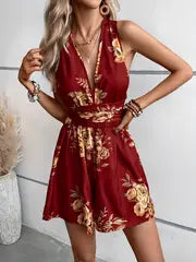 Emma | Jumpsuit mit tiefem V-Ausschnitt und Blumenmuster zum Binden für Frauen – Bordeaux