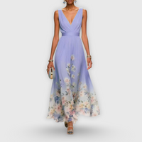 Tanja | Damen Blumen Maxikleid V-Ausschnitt Romantic Fließend Sommer – Lila