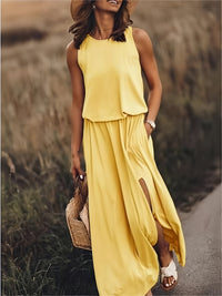 Sommerkleid für Damen - Luftiges Ärmellos Maxikleid mit Seitenschlitz – Gelb
