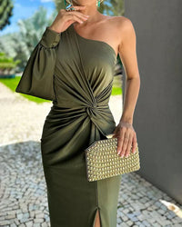 Sommerliches Abendkleid für Damen - Langes One-Shoulder Cocktailkleid mit Beinschlitz – Grün