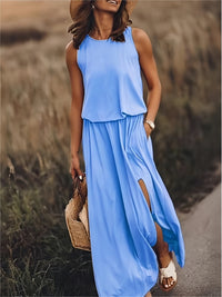 Sommerkleid für Damen - Luftiges Ärmellos Maxikleid mit Seitenschlitz – Blau