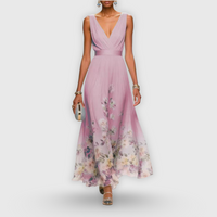 Tanja | Damen Blumen Maxikleid V-Ausschnitt Romantic Fließend Sommer – Rosa