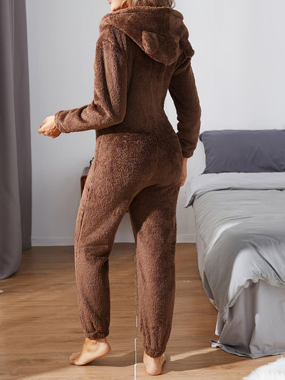 Leyara | Flauschiger Kapuzen-Jumpsuit in Einfarbig