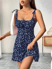 Imogen -  Elegantes Stretch-Cami-Kleid mit Blumenmuster und Taille – Marine