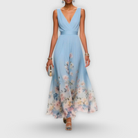Tanja | Damen Blumen Maxikleid V-Ausschnitt Romantic Fließend Sommer – Hellblau