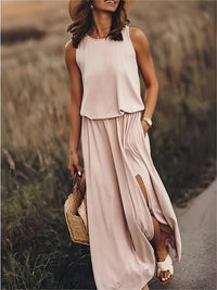 Sommerkleid für Damen - Luftiges Ärmellos Maxikleid mit Seitenschlitz – Khaki