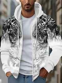 Murillo – Lässige Langarm Kapuzenpullover Jacke Mit Tigerprint – Weiß