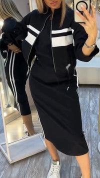 Feyra™ - Lässiges und Stilvolles Set mit Rundhalsausschnitt-Kleid und Jacke für Damen – Schwarz