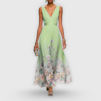 Tanja | Damen Blumen Maxikleid V-Ausschnitt Romantic Fließend Sommer – Mintgrün