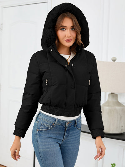 Zaviana | Damen wintermantel mit kapuze, taschen und langen ärmeln im cropped design