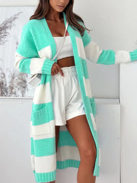 Lisarienie | Saisonale gestreifte Strickjacke, lässiges Langarm-Design – Weiß und Mintgrün