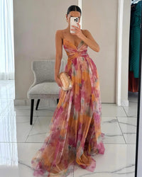Lange Blumenmuster Kleid mit Verstellbaren Trägern für Frauen | Ideal für Sommer und Besondere Anlässe – Orange