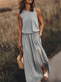 Sommerkleid für Damen - Luftiges Ärmellos Maxikleid mit Seitenschlitz – Grau