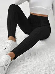 Zoe - French-inspirierte gerippte Damen-Leggings mit verstellbarer Taillenschnürung – Schwarz