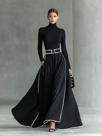 Romilly – Langärmliges Maxi Kleid Mit Schmalem Gürtel – Schwarz