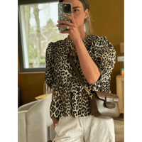 Damen Puffärmel Krawattenfront Bluse | Schößchen – Leopardenmuster