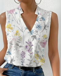 Damen Elegantes Ärmelloses Wickeloberteil | V-Ausschnitt Bluse – Blumen 2