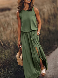 Sommerkleid für Damen - Luftiges Ärmellos Maxikleid mit Seitenschlitz – Grün