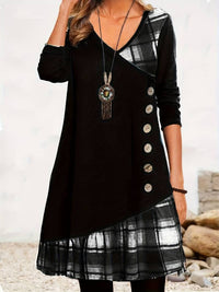 Alinor - Lässiges Kariertes Patchwork Kleid Mit Langen Ärmeln – Schwarz