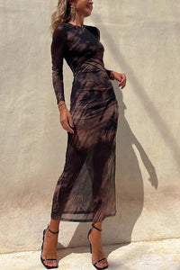 Heidi-Mode | Charm Lady Mesh Overlay Tie Dye Print Langarm Rüsch Stretch Midi Kleid – Braun