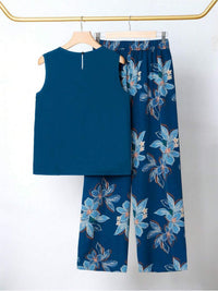 Kayla | Florales Retro-Zweiteiliges Set – Blau