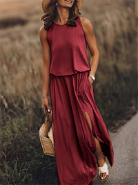 Sommerkleid für Damen - Luftiges Ärmellos Maxikleid mit Seitenschlitz – Rot