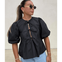 Damen Puffärmel Krawattenfront Bluse | Schößchen – Schwarz
