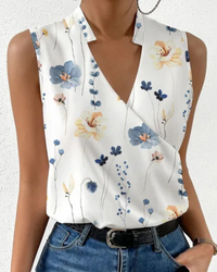 Damen Elegantes Ärmelloses Wickeloberteil | V-Ausschnitt Bluse – Blumen 3