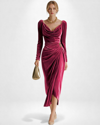 Langarm Samtkleid mit Drapiertem Ausschnitt und Schlitz - Midi – Rot