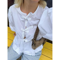 Damen Puffärmel Krawattenfront Bluse | Schößchen – Weiß