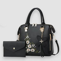 Brigin | Blume bestickte Lederhandtasche – Schwarz