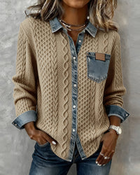 Lena | Chic gestricktes Shirt Damen mit Denim-Details – Khaki