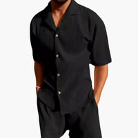 Herren Sommer Set aus strukturiertem Stoff mit Kurzarmhemd – Schwarz