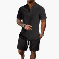 Herren Sommer Set mit Poloshirt und Shorts aus Rippstoff – Schwarz
