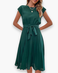 Damen Elegantes Plissee Kleid | Taille Schleife – Dunkel Grün