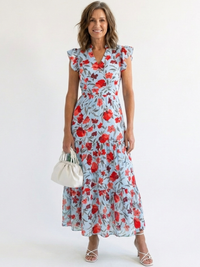 Lila | Floral V-Ausschnitt Schichten Midi Kleid – Himmelblau