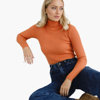 Damen Turtleneck Pullover mit gerippten Bündchen und Saum – Orange