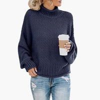 Damen pullover mit hohem Halsausschnitt und geripptem Saum – Blau