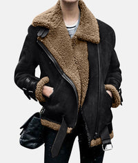 Fleece-gefütterte Wildlederjacke mit Gürtel für Frauen – Schwarz
