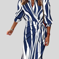 Gudrun | Damen Wickel Midikleid Gestreift Schmeichelnd Elegant Casual – Blau
