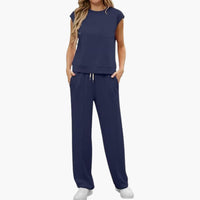 Zweiteiliges Sommer Set für Damen mit Kappärmeln und Taschen – Marine
