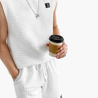 Herren Lounge Set mit ärmellosem Top und Waffelstruktur – Weiß