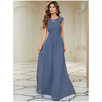 Damen Kleid mit Plissierten Kappenärmeln | Maxi – Staubig Blau